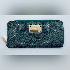 Michael Kors Emerald Snake Print Large Wallet Turquoise Green Black